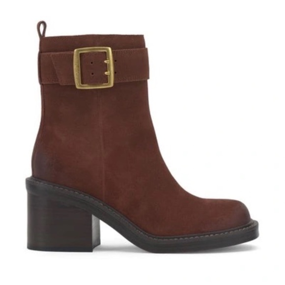 Vince Cameo Chocolate Suede Square Toe Ankle Boots Block Heel - Picture 1 of 5